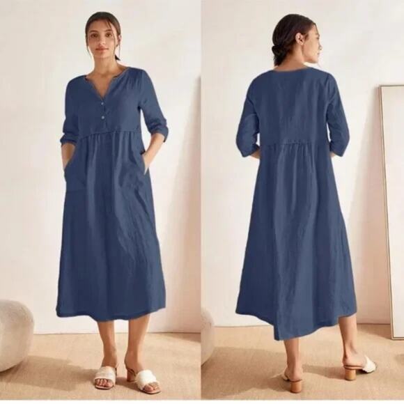 Lintico Linen Luna Dress Button Top Gathered Waist Navy Blue size XL - Picture 1 of 11